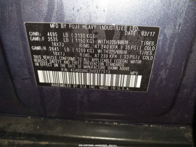 4S4BSANC2H3377513 Subaru Outback 2.5i Limited
