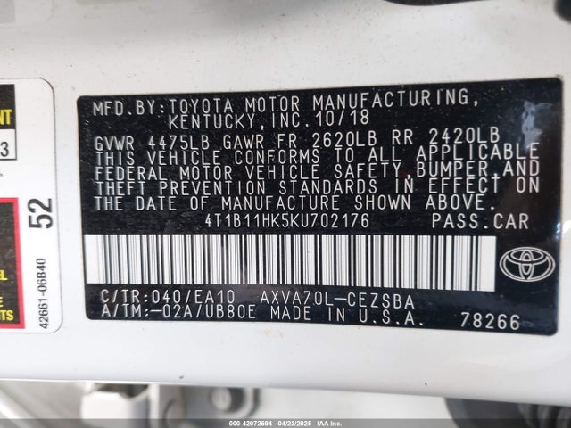 4T1B11HK5KU702176 Toyota CAMRY SE