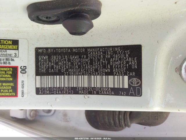 2T1BURHE5GC548304 Toyota COROLLA LE