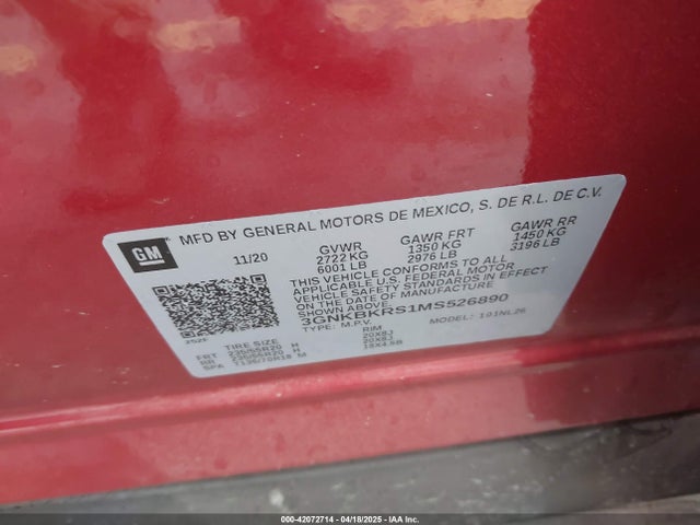 3GNKBKRS1MS526890 Chevrolet Blazer Awd Rs
