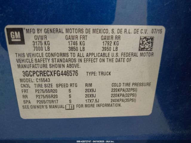 3GCPCRECXFG446576 Chevrolet Silverado 1500 1lt