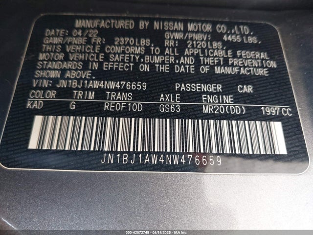JN1BJ1AW4NW476659 Nissan Rogue Sport S Awd Xtronic Cvt