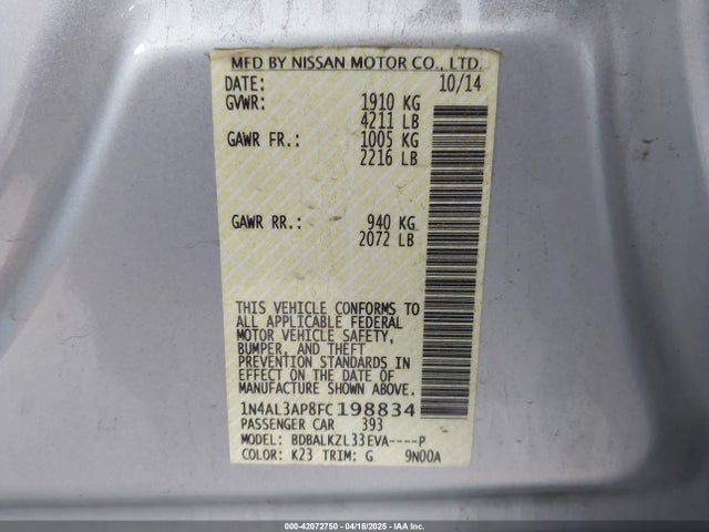 1N4AL3AP8FC198834 Nissan Altima 2.5 Sv