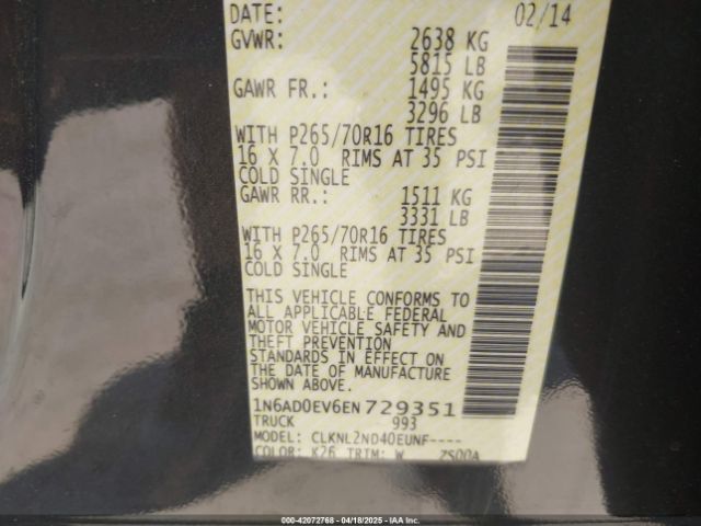 1N6AD0EV6EN729351 Nissan Frontier Sv