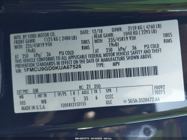 1FMCU9GD0KUA67526 Ford ESCAPE SE