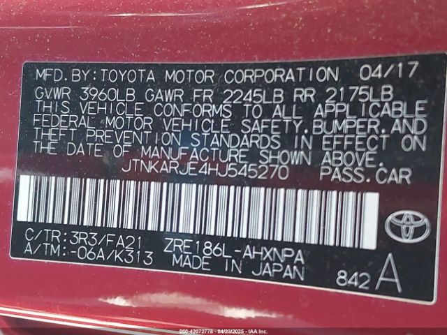 JTNKARJE4HJ545270 Toyota 2zr-fae