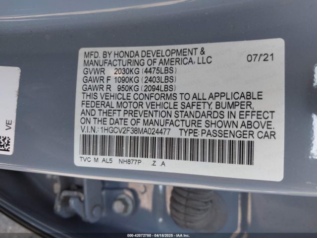 1HGCV2F38MA024477 Honda Accord Sport 2.0t