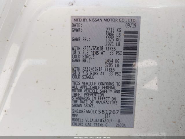 5N1DR2AN0LC581267 Nissan Pathfinder S 2wd