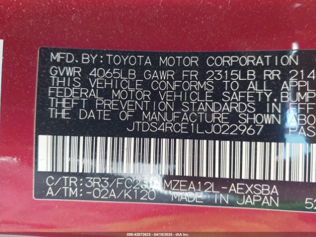 JTDS4RCE1LJ022967 Toyota COROLLA SE