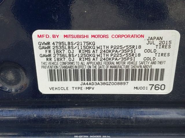 2016 MITSUBISHI OUTLANDER JA4AD3A38GZ008897 Photo 8