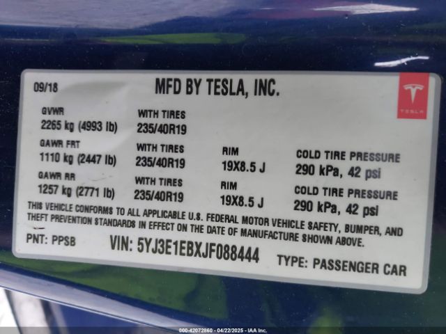 5YJ3E1EBXJF088444 Tesla Model 3 Long Range/performance