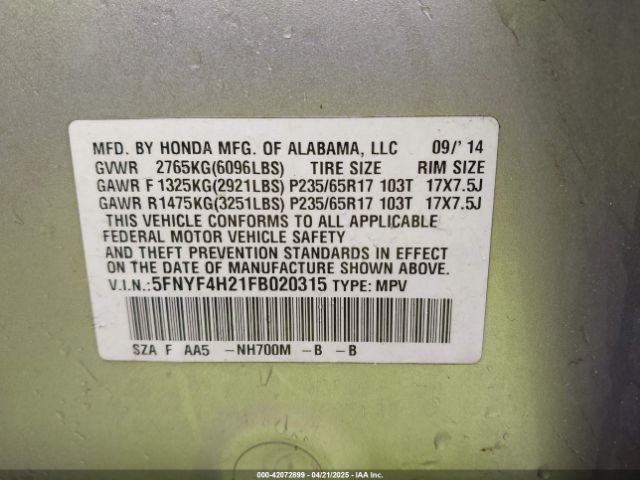 5FNYF4H21FB020315 Honda PILOT LX