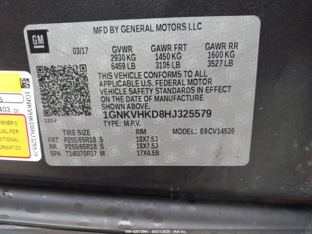 1GNKVHKD8HJ325579 Chevrolet Traverse 2lt