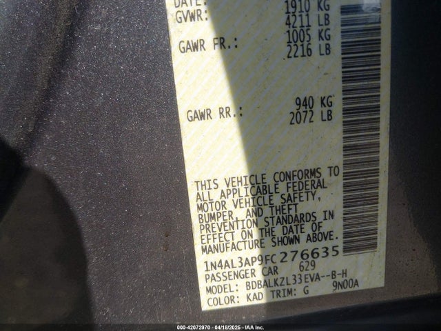 1N4AL3AP9FC276635 Nissan Altima 2.5 Sv