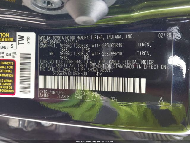 5TDGZRAH3LS504430 Toyota 2gr-fks