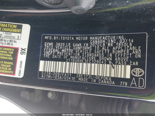 Toyota COROLLA L 2014 2T1BURHE3EC129042 Image 9