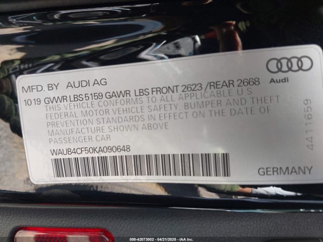WAUB4CF50KA090648 Audi S5 3.0t Premium