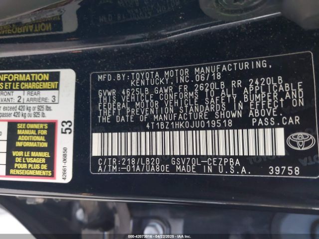 4T1BZ1HK0JU019518 Toyota Camry Xse V6