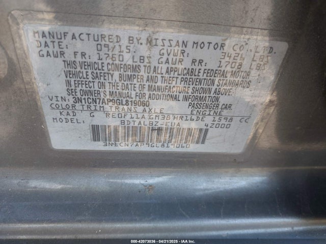 3N1CN7AP9GL819060 Nissan Versa 1.6 S/1.6 S+/1.6 Sl/1.6 Sv