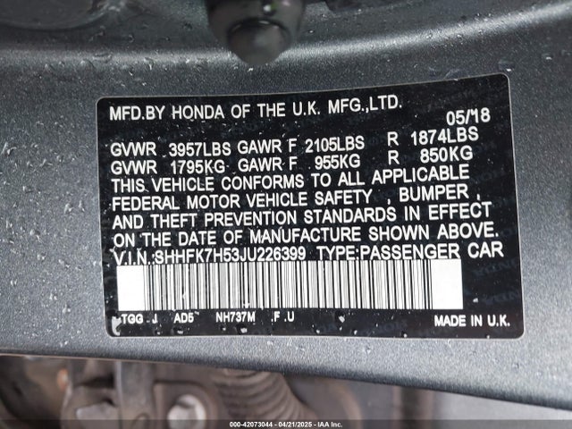 SHHFK7H53JU226399 Honda CIVIC EX