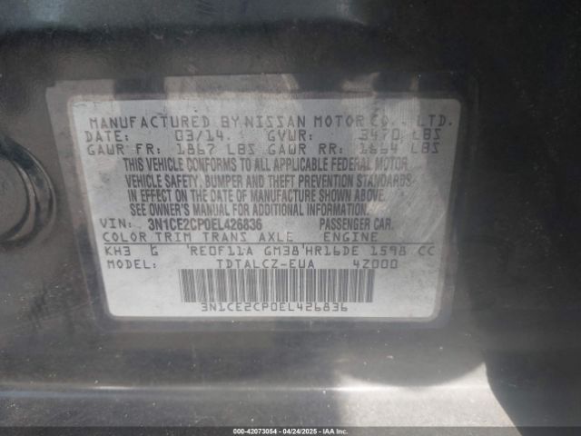 3N1CE2CP0EL426836 Nissan Versa Note S Plus