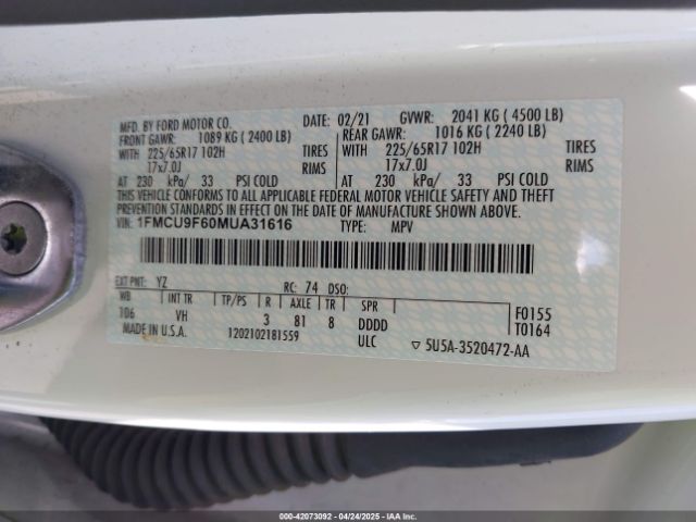 1FMCU9F60MUA31616 Ford ESCAPE S