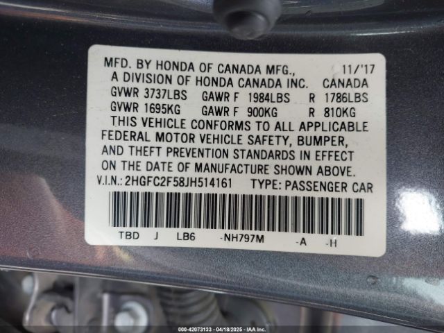 2HGFC2F58JH514161 Honda Civic Lx