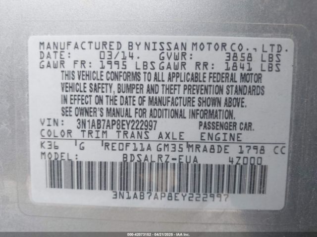3N1AB7AP8EY222997 Nissan SENTRA SR