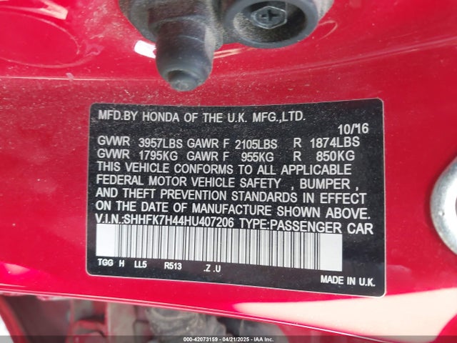 SHHFK7H44HU407206 Honda Civic Sport