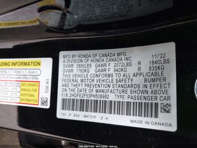 2HGFE2F53PH508982 Honda Civic Sport