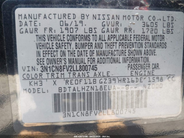 Nissan Versa Sr Xtronic Cvt 2020 3N1CN8FV2LL800745 Image 9