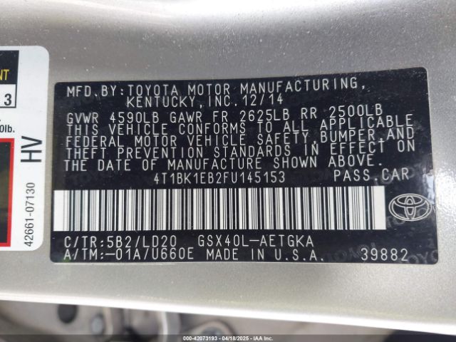4T1BK1EB2FU145153 Toyota AVALON XLE