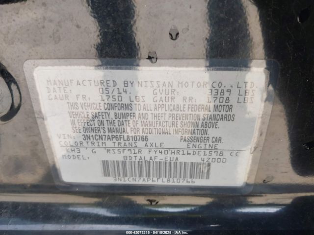 3N1CN7AP6FL810766 Nissan Versa 1.6 S