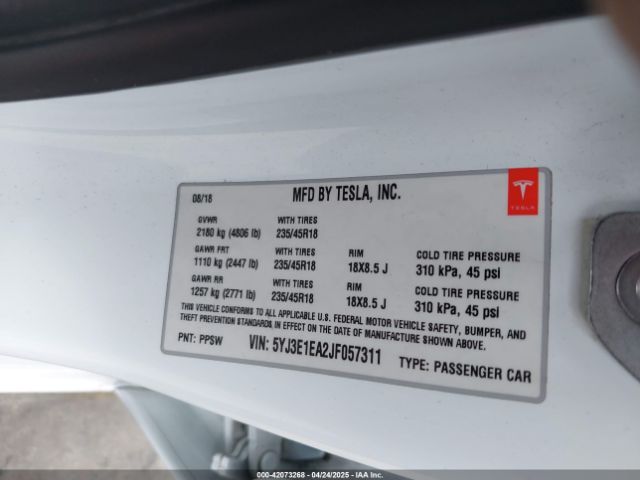 5YJ3E1EA2JF057311 Tesla Model 3 Long Range/mid Range