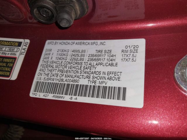 5J6RW1H28LA004890 Honda Cr-v 2wd Lx