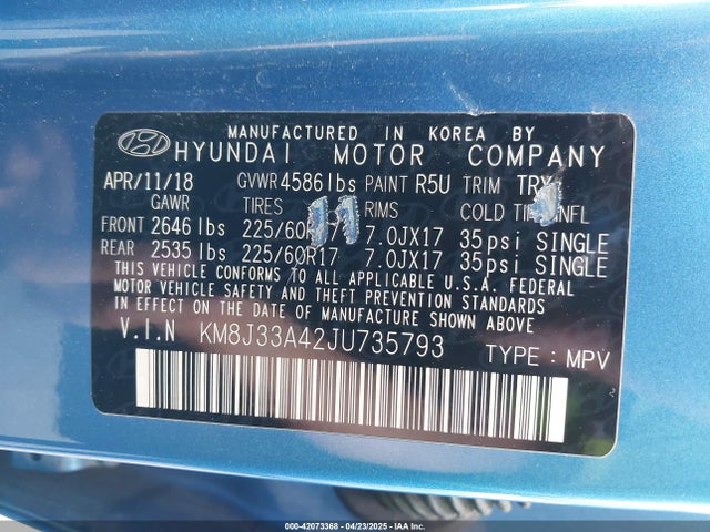 KM8J33A42JU735793 Hyundai TUCSON SEL