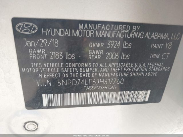 5NPD74LF6JH317760 Hyundai ELANTRA SE