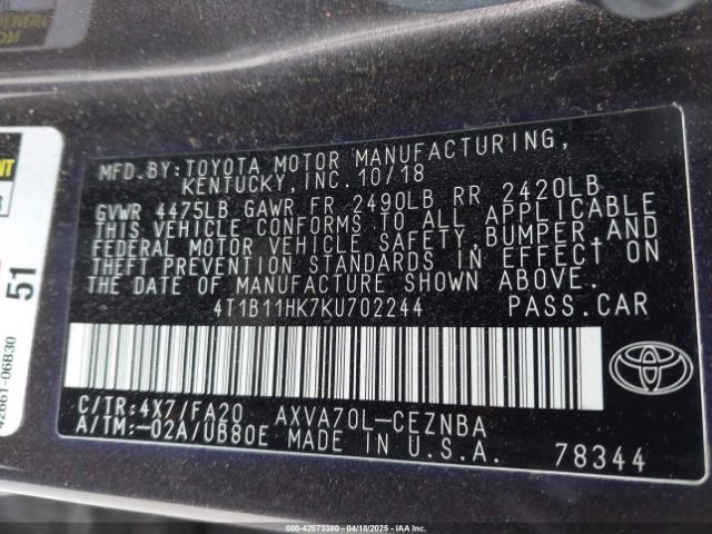 4T1B11HK7KU702244 Toyota CAMRY LE