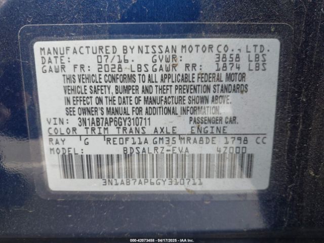 3N1AB7AP6GY310711 Nissan SENTRA SR
