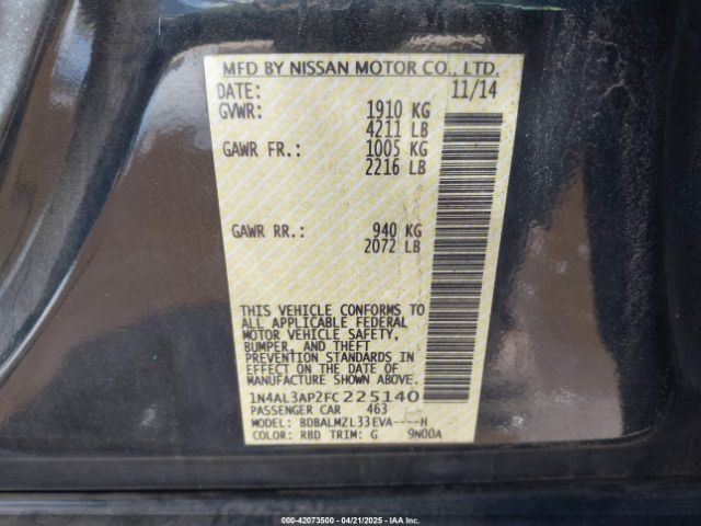1N4AL3AP2FC225140 Nissan Altima 2.5 Sv