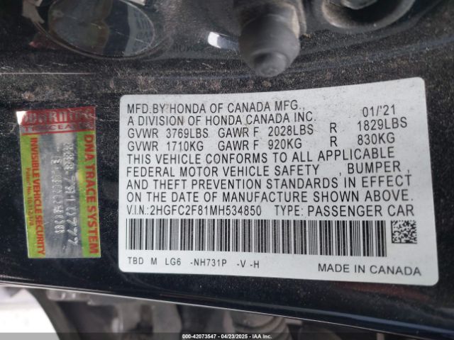 2HGFC2F81MH534850 Honda Civic Sport