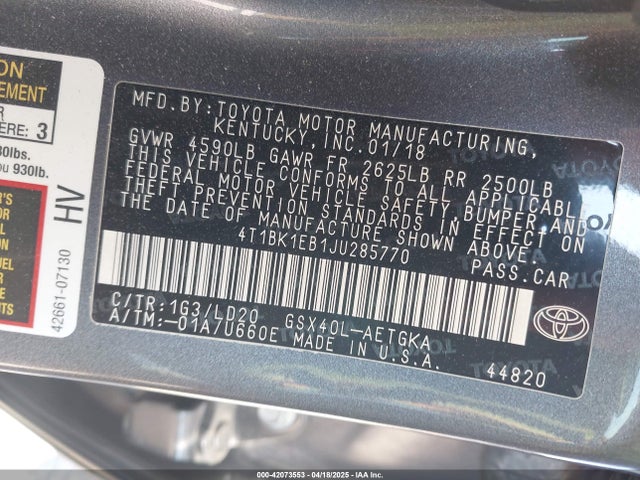 4T1BK1EB1JU285770 Toyota Avalon Xle Plus/premium/tour/ltd
