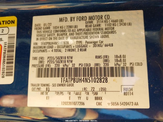1FATP8UH4N5102828 Ford Mustang Ecoboost Premium