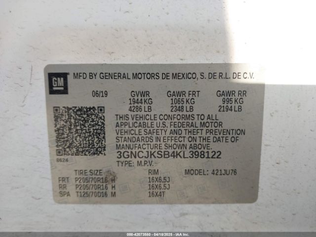 3GNCJKSB4KL398122 Chevrolet TRAX LS