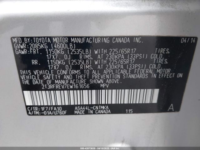 2T3RFREV7EW161656 Toyota Rav4 Xle