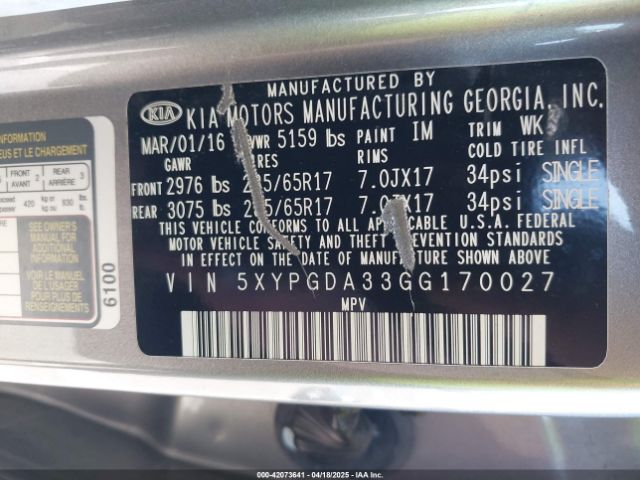 5XYPGDA33GG170027 KIA Sorento 2.4l Lx
