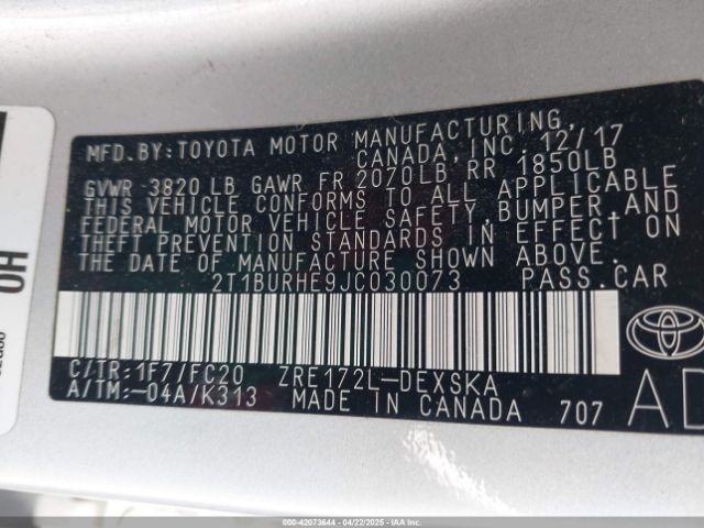 2T1BURHE9JC030073 Toyota COROLLA SE