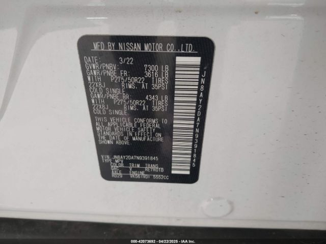 JN8AY2DA7N9391845 Nissan 2022