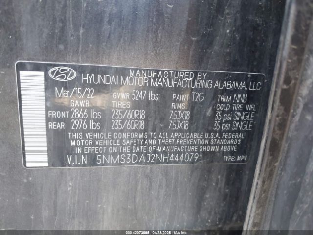 5NMS3DAJ2NH444079 Hyundai Santa Fe Sel