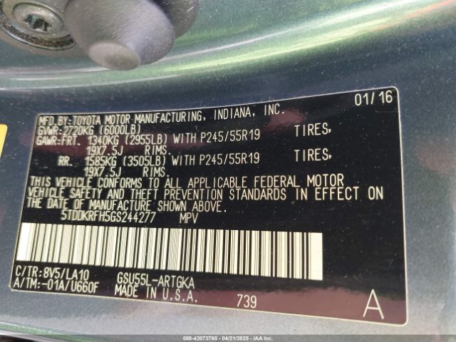 5TDDKRFH5GS244277 Toyota Highlander Limited Platinum V6